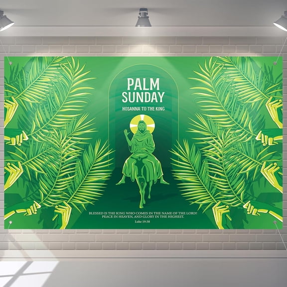 Palm Sunday Backdrop Banner with Message for Easter 71x43 Inch Palm Sunday Photo Background Palm Leaves Easter Decorations Tropical Palm Luau Party Supplies Room Wall Decor Photo Props