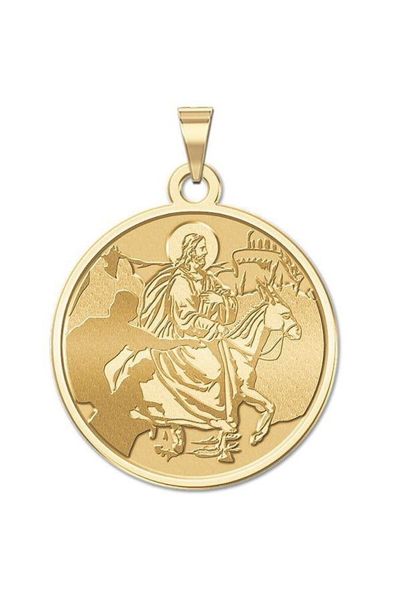 Palm Sunday Religious Medal - 3/4 Inch Size of a Nickel in Solid 14K Yellow Gold