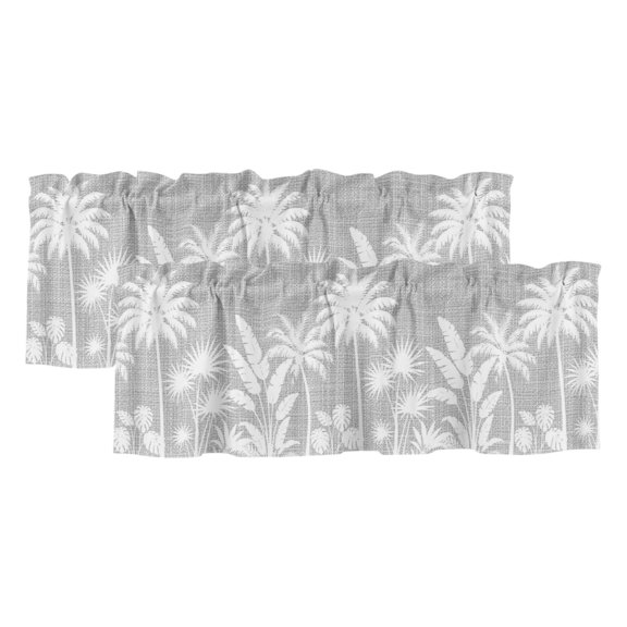 Palm Tree 2 Panels Kitchen Valance, Coastal Tropical Monstera Leaf Fog Gray Linen Texture Curtains Valances for Small Windows Rod Pocket Window Treatments for Living Room Bedroom 60" W x 18" L