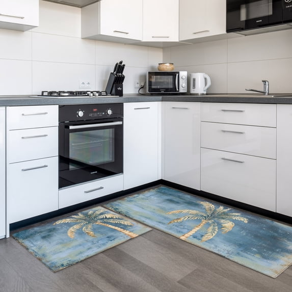 Palm Tree 2 Pieces Non-Slip Kitchen Mat Set, Summer Tropical Plant Botanical Abstract Blue Soft Door Mat with Rubber Backing, Dirtproof Rugs for Entrance Doorway, 19.7x31.5in+19.7x47.2in
