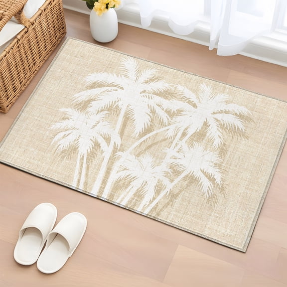 Palm Tree 2'x3' Rug for Entryway Front Door Kitchen Sink Area, Tropical Plant Coastal Summer Beige Low Pile Washable Non Slip Rectangle Area Rug