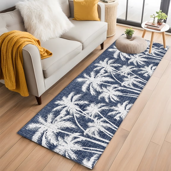 Palm Tree 2'x6' Runner Rug for Hallway Walkway Kitchen Galley, Tropical Plant Coastal Summer Dark Blue Low Pile Washable Non Slip Long Area Rug