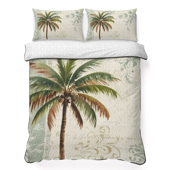 Palm Tree 3 Piece Quilt Bedding Set with 2 Pillow Shams, Summer Island Plant Boho Floral Texture Lightweight Bedspread Coverlet, Soft Breathable All Season Quilt, 96 x 106 Inch