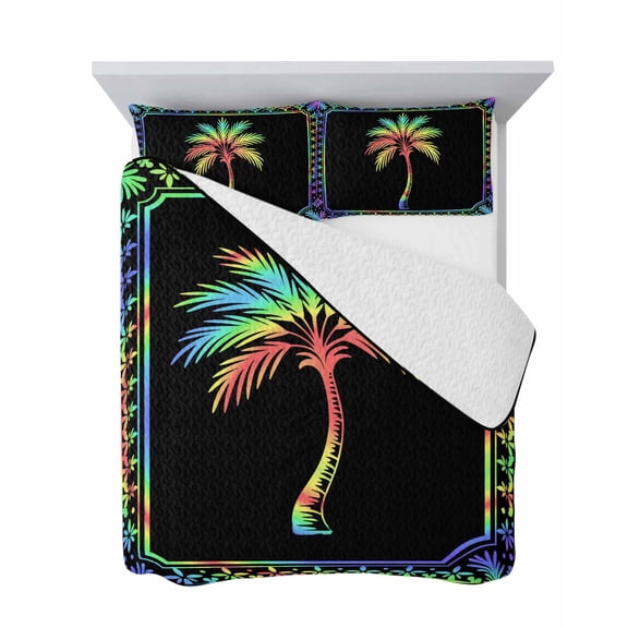 Palm Tree 3 Piece Quilt Set King Size, Coastal Tropical Rainbow Palm Tree Rainbow Border Soft Bedspread Coverlet Bedding Set Microfiber Lightweight Comforter Set with 2 Pillowcases for Bedroom