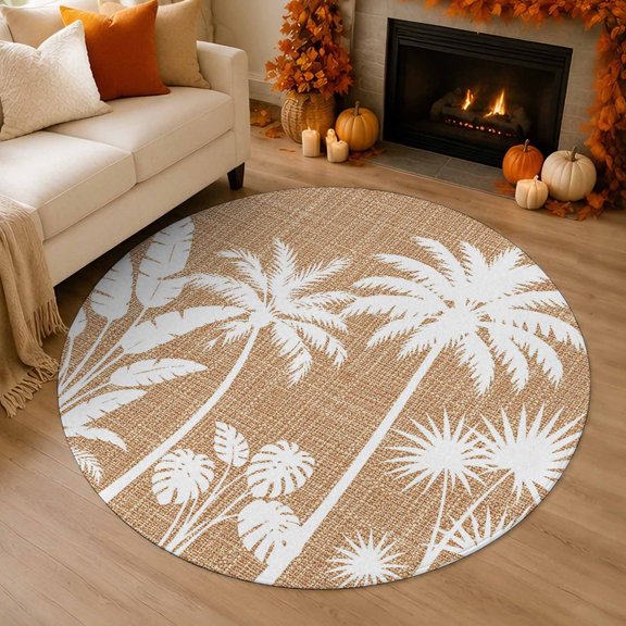 Palm Tree 3' Round Rug for Bathroom Accent Bedside Corner, Coastal Tropical Monstera Leaf Camel Brown Linen Texture Washable Non Slip Soft Circle Area Rug for Small Spaces Entryway