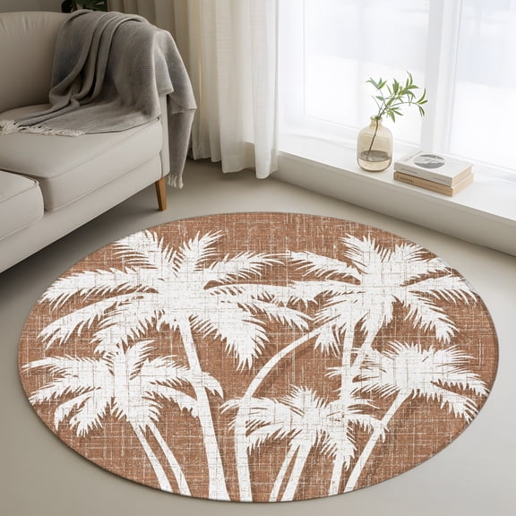 Palm Tree 3' Round Rug for Bathroom Accent Bedside Corner, Tropical Plant Coastal Summer Brown Washable Non Slip Circle Area Rug for Small Spaces