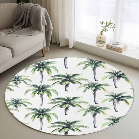 Palm Tree 3FT Round Area Rugs for Living Room Summer Tropical Tree Ultra-Thin Non-Slip Round Rugs Machine Washable Low Pile Circle Carpet for Bedroom Kitchen Nursery