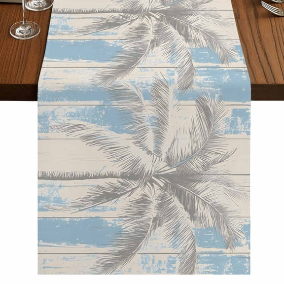 Palm Tree 48 Inch Table Runner, Blue Tropical Plant Summer Retro Wood Plank Farmhouse Dresser Scarf Cotton & Linen Tablerunner for Dining/Kitchen Island/Holiday Party Décor 13" x 48"