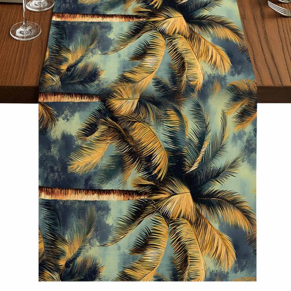 Palm Tree 48 Inch Table Runner, Retro Summer Botanical Tropical Plant Leaves Farmhouse Dresser Scarf Cotton & Linen Tablerunner for Dining/Kitchen Island/Holiday Party Décor 13" x 48"