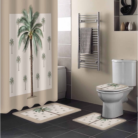 Palm Tree 4PCS Shower Curtains Set with Toilet Lid Cover Non-Slip Rugs, Green Tropical Plants Ocean Brown Bottom Waterproof Shower Curtain Set for Bathroom with 12 Hooks 66x72 In