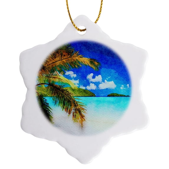 3drose, Palm Tree Against the Caribbean Waters Image of Watercolor Painting, 3 inch Snowflake Porcelain Ornament