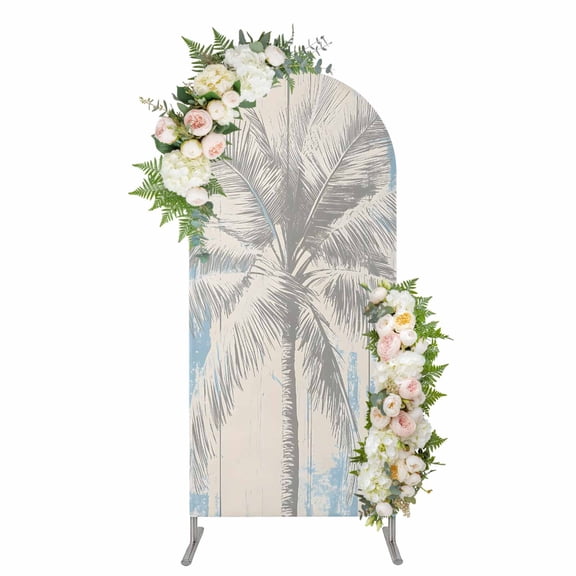 Palm Tree Arch Backdrop Cover, Spandex Fitted Wedding Arch Cover, Blue Tropical Plant Summer Retro Wood Plank Round Top Stand Covers for Birthday Ceremony Bridal Shower Party Decor 5x2.1 Ft