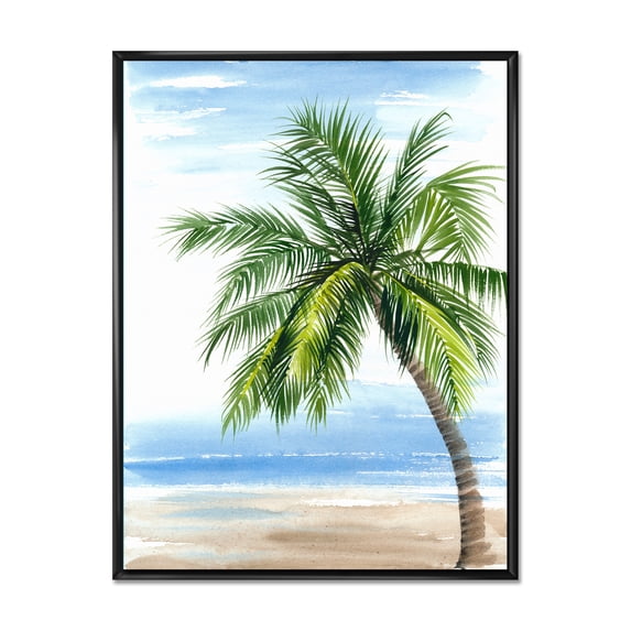 Palm Tree At The Beach 24 in x 32 in Framed Painting Canvas Art Print, by Designart