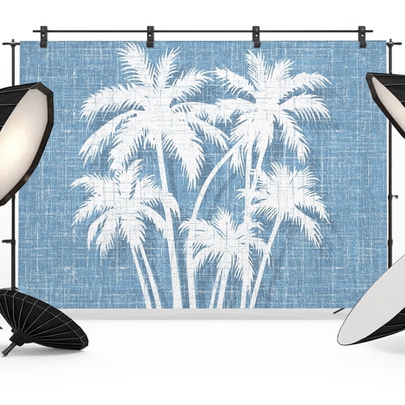 Palm Tree Backdrops for Photography, Tropical Plant Coastal Summer Light Blue Fabric Photo Background Sturdy Studio Props for Photo Studio, Video Recording, Booth & Photoshoot 7x5ft