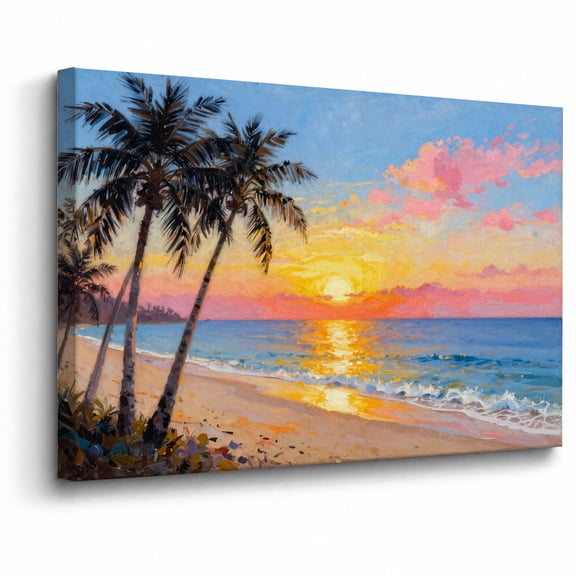Palm Tree Beach Canvas Wall Art Framed Decor Tropical Sunset Surfboard Landscape canvas print for bathroom bedroom or living room