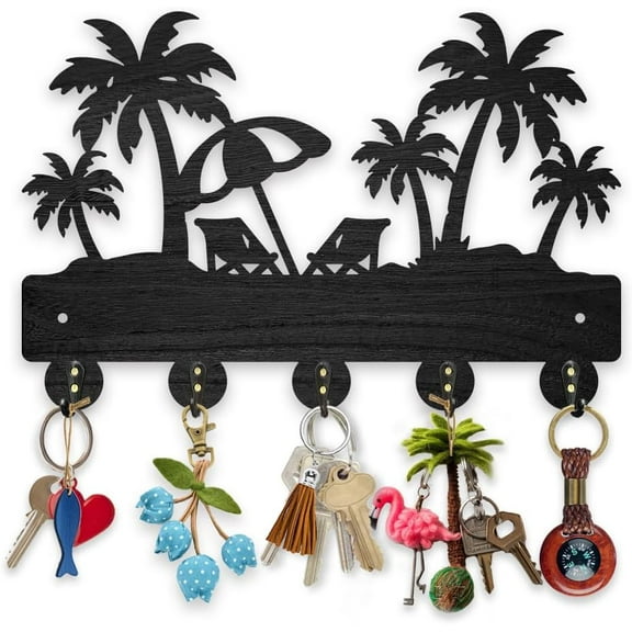 Palm Tree Beach Coat Rack Wall Mount Summer Theme Wood Key Holder for Wall 11.8×7.9inch Decorative Key Hooks 5 Alloy Hooks for Gift Entryway Front Door Hallway Kitchen Office