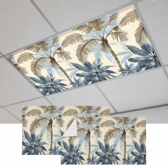 Palm Tree Beach Fluorescent Light Covers, Watercolor Botanical Seaside Magnetic Light Covers for Ceiling Lights, Fluorescent Ceiling Shade Filters for Classroom Bedroom Office 4x2Ft x 2PCS