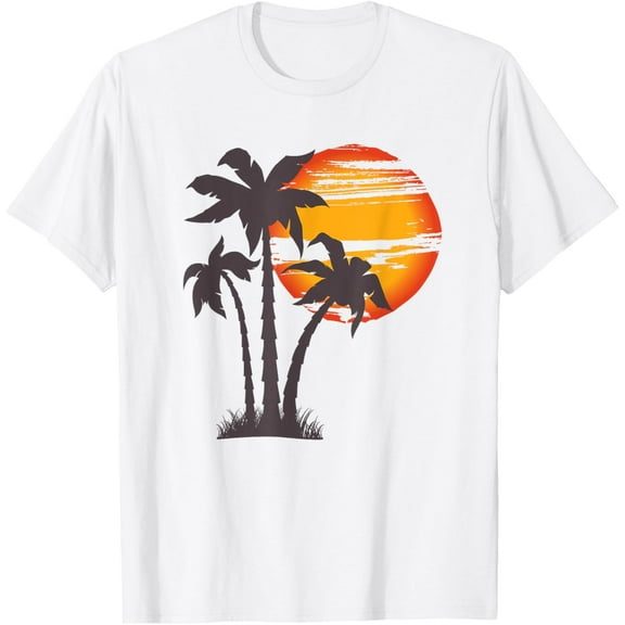 Palm Tree Beach Ocean Summer Vacation Sunset Paradise T-ShirtMen and women, White T-shirt, size: Extra large