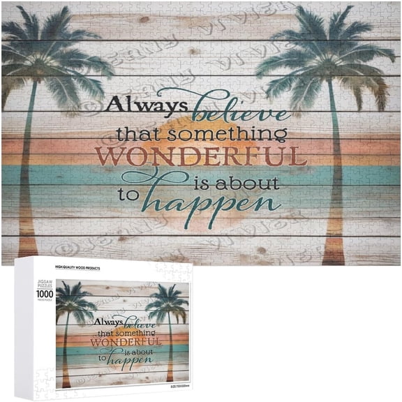 Palm Tree Beach Positive Quote 500 Piece Wood Jigsaw Puzzle 15"x20.5" Rustic Wall Art Sign for Home Bedroom Kitchen