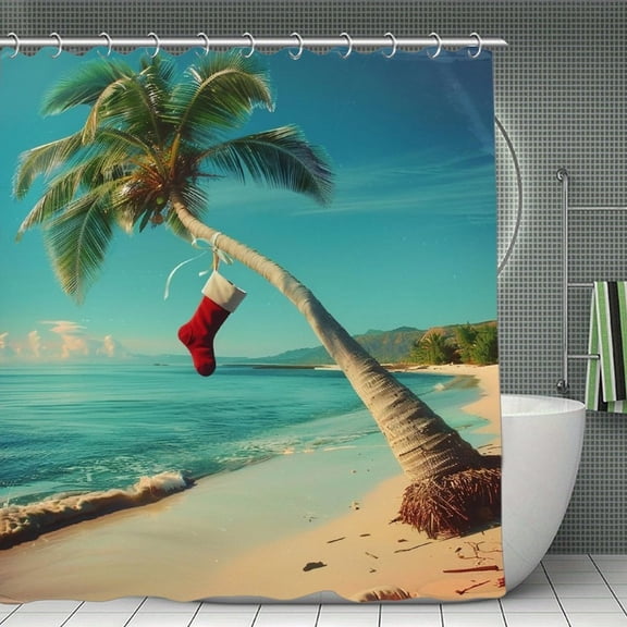 Palm Tree Beach Print Shower Curtain,Modern Fabric Waterproof Shower Curtain Set with Hooks,70.8×70.8Inch