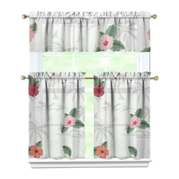 Palm Tree Beach Scene Kitchen Curtains 3 Piece Set, 27.5x36in Polyester Tier and Valance Window Panels, Sailboat Coastal Window Drapes