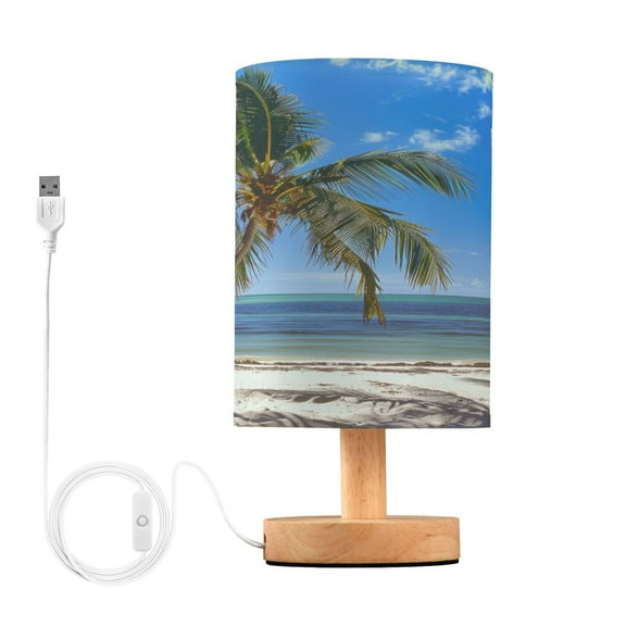 Palm Tree Beach Sea Window Bedside Table Lamp Desk Warm Lights with USB Charging Port Cylinder LED Lamps for Bedroom Living Room Office