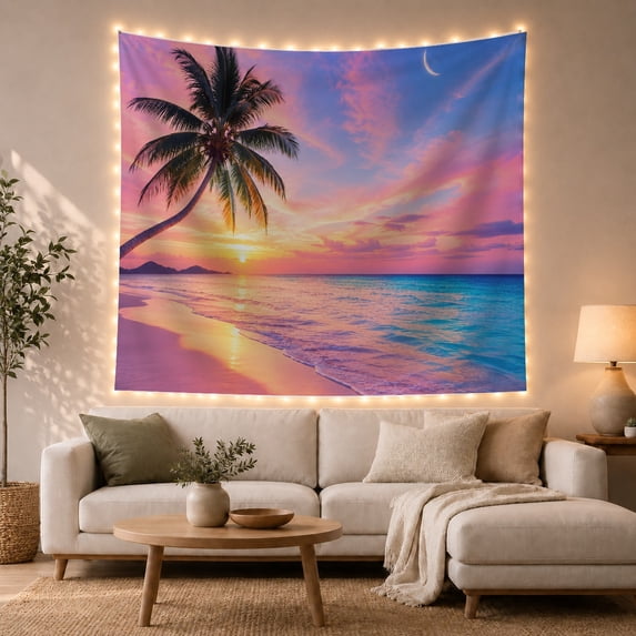 Palm Tree Beach Sunset with Crescent Moon and Waves, Dreamy Coastal Style for Beach Lovers, Ocean Wall Art, Housewarming Gift, Tapestry Wall Hanging for Bedroom and Living Room