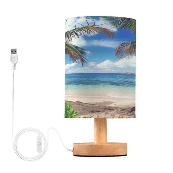 Palm Tree Beach and Blue Sky Bedside Table Lamp Desk Warm Lights with USB Charging Port Cylinder LED Lamps for Bedroom Living Room Office
