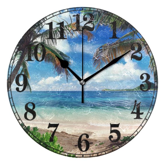 Palm Tree Beach and Blue Sky Silent Wall Clock 10" Non-Ticking Battery Clock