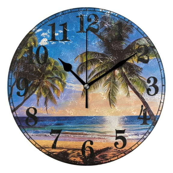 Palm Tree Beach with Sunset Silent Wall Clock 10" Non-Ticking Battery Clock