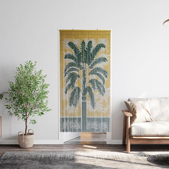 Palm Tree Beaded Bamboo Curtain 35.4" x 78.7" – 90-Strand Beaded Curtain for Entryways, Kitchen -throughs & Tropical Room Dividers – Soft Sway, Easy Fit & Hanging Hook Included
