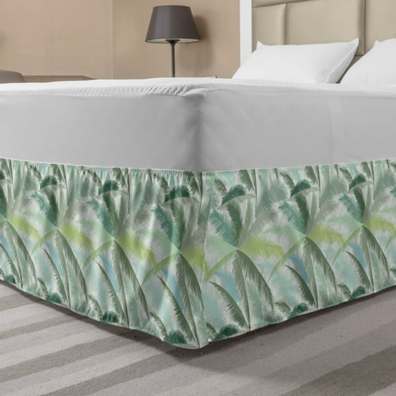 Palm Tree Bed Skirt, Leafy Branches in Shades of Green Tropical Summer Nature Rainforest Island Jungle, Elastic Bedskirt Dust Ruffle Wrap Around for Bedding Decor, 4 Sizes, Multicolor, by Ambesonne