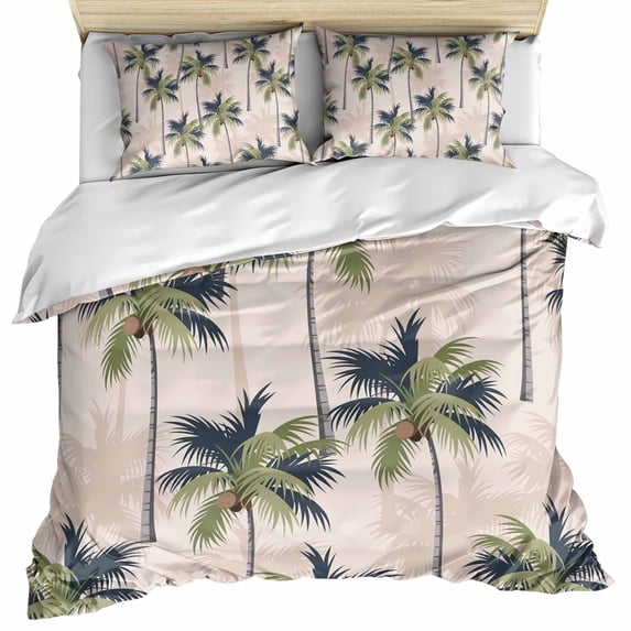 Palm Tree Bedding 3 Piece Duvet Cover Set Queen Size, Tropical Coconut Botanical Summer Seaside Soft Microfiber Comforter Cover with Zipper Closure & Pillowcases, Wrinkle & FadeResistant Quilt Cover