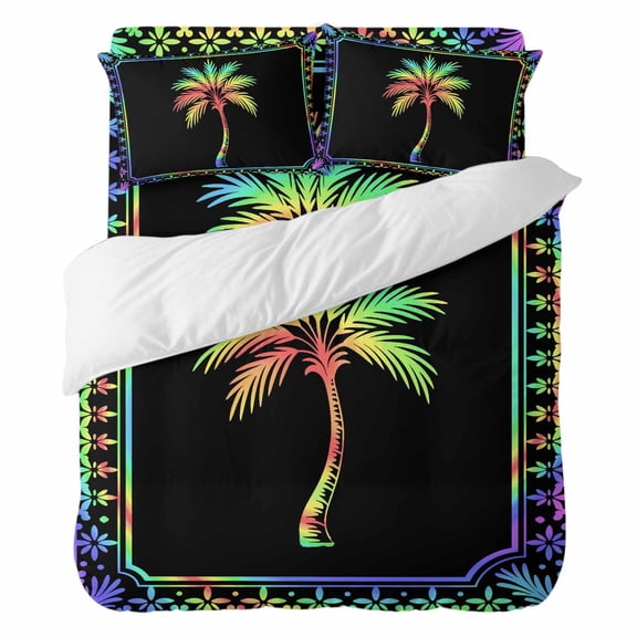Palm Tree Bedding Duvet Cover Set California King Size 4 Pieces, Coastal Tropical Rainbow Palm Tree Rainbow Border Bedding Set, 1 Comforter Cover 96x104 Inches 1 Flat Sheet & 2 Pillow Cases
