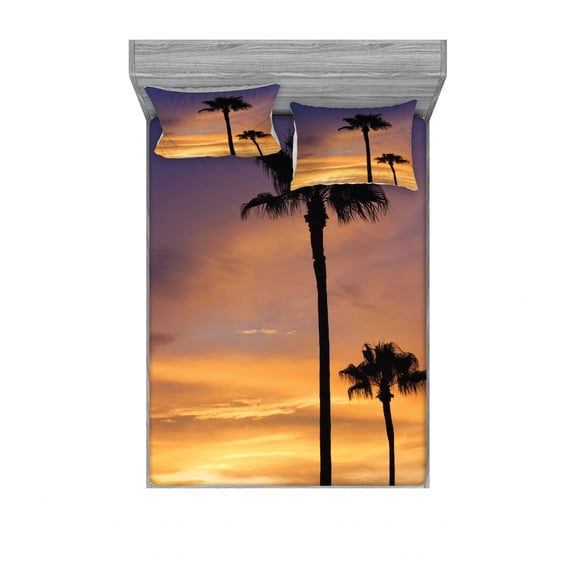 Palm Tree Bedding Set with Sheet & Covers, PalmTrees Twilight in Tropical Environment Natural Beauty at Sunset Scene Print, Printed Bedroom Decor 2 Shams, 4 Sizes, Yellow Black, by Ambesonne