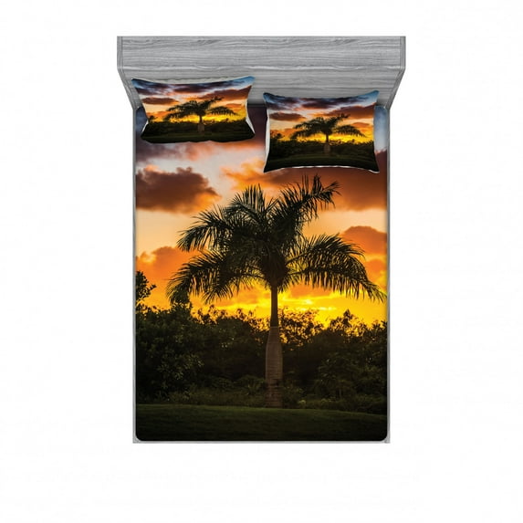 Palm Tree Bedding Set with Sheet & Covers, Palm Tree Silhouette Scene at the Sunset Twilight Tranquility in Nature Image, Printed Bedroom Decor 2 Shams, 4 Sizes, Orange Green, by Ambesonne