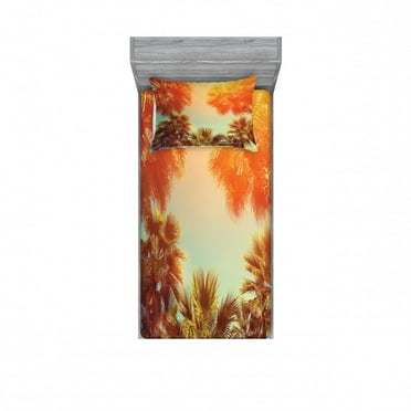 Palm Tree Bedding Set with Sheet & Covers, Trees in Sunlights Tranquility in Tropical Nature Landscape at Summer Theme, Printed Bedroom Decor 2 Shams, 4 Sizes, Orange Green, by Ambesonne