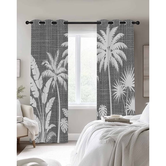 Palm Tree Blackout Curtains 2 Panels, Coastal Tropical Monstera Leaf Charcoal Gray Linen Texture Thermal Insulated Grommet Window Curtains for Bedroom Living Room 42"x45"