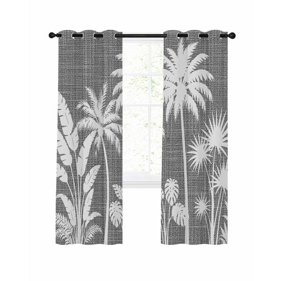 Palm Tree Blackout Curtains 2 Panels Set Coastal Tropical Monstera Leaf Charcoal Gray Linen Texture Thermal Insulated Privacy Black Out Drapes Window Curtain for Living Room Bedroom 42 x 45 Inch