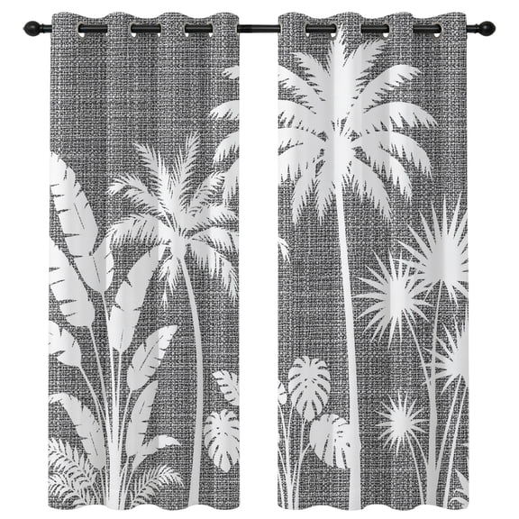 Palm Tree Blackout Curtains 96 Inches Long, Coastal Tropical Monstera Leaf Charcoal Gray Linen Texture Thermal Insulated Room Darkening Drapes with Grommets for Living Room 52"W x 96"L, 2 Panels