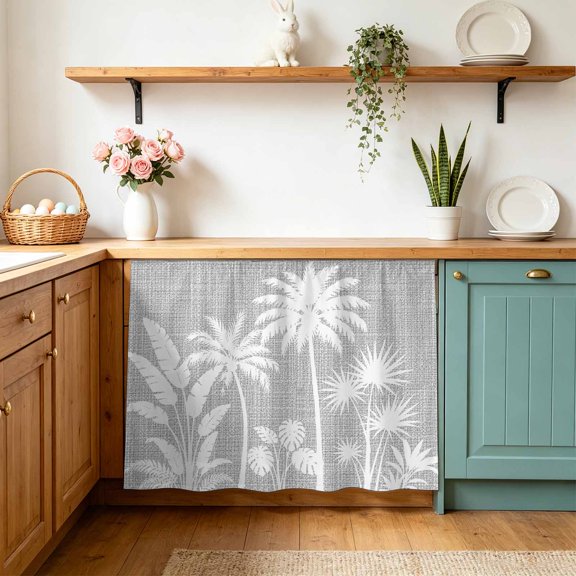 Palm Tree Cabinet Curtains 10" W x 11" L, Coastal Tropical Monstera Leaf Fog Gray Linen Texture Under-Desk Privacy Dust Proof Drape Dishwasher Curtain Sink Skirt for Kitchen Closet Bathroom Laundry