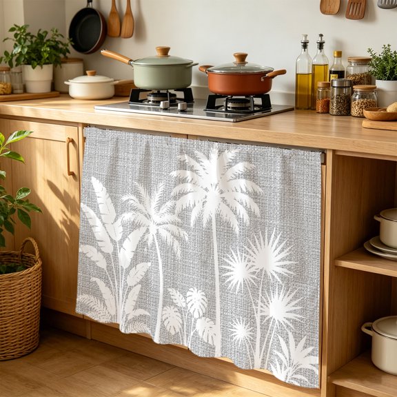 Palm Tree Cabinet Curtains for Kitchen 35"W x 35"L, Coastal Tropical Monstera Leaf Fog Gray Linen Texture Laundry Sink Cabinets Magic Tape Short Curtain Privacy Panel for Bathroom Vanity Cabinets
