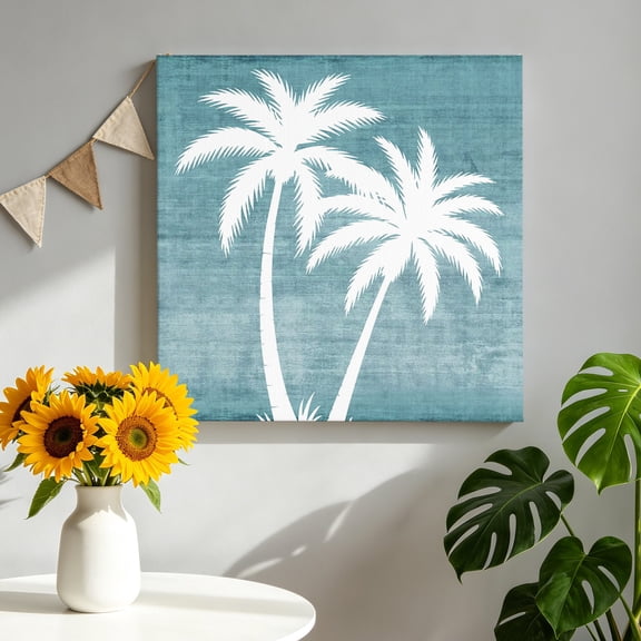 Palm Tree Canvas Wall Art for Living Room, Coastal Minimalist Palm Silhouette Denim Blue Industrial Wall Decor Framed Artwork Pictures Ready to Hang for Bedroom Office Home Decor 12x12 Inch