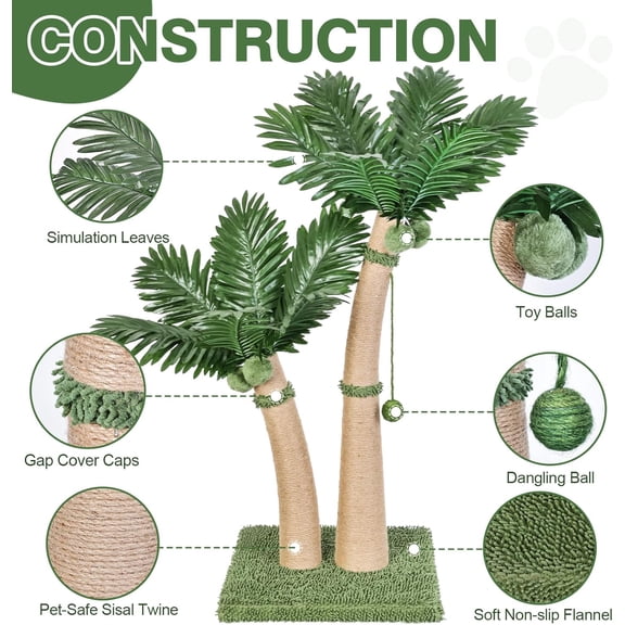 Palm Tree Cat Scratching Post, 36'' Cat Scratcher Post with Natural Sisal Rope, 5 Interactive Balls and 2 Curved Design Scratching Posts for Indoor Cats Adults and Kittens, Multi-Combinable (Style C)