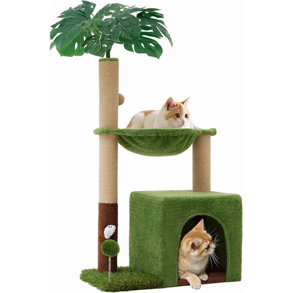 Palm Tree Cat Tree 37 Inch Scratching Post Tower Tropical Jungle Playground with Natural Jute Sisal Rope Cozy Plush Hammock Private Cave Condo Toy Mouse Stable Faux Grass Base