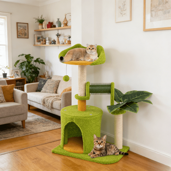 Palm Tree Cat Tree with Self-Groomer & Scratching Posts, 22 lbs Capacity Cat Play Center with Condo, Swaying Ball, Teddy Fleece Lined Relaxing Spaces, Compact Design for Large Cats, 19" x 13"