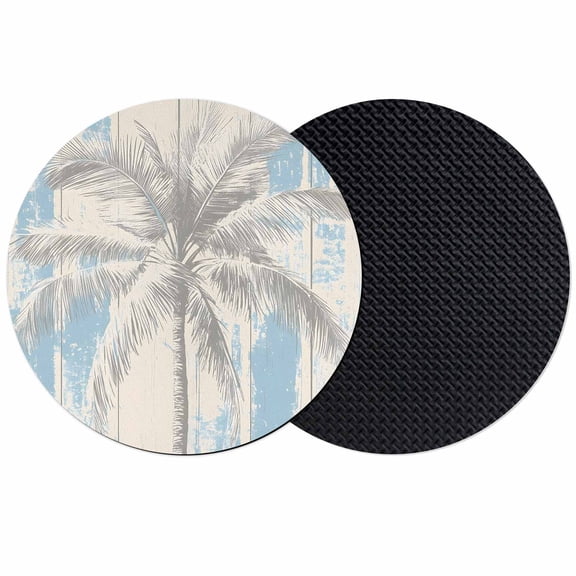 Palm Tree Coasters Set of 2, Blue Tropical Plant Summer Retro Wood Plank Absorbent Coasters for Drinks, Coaster for Bar Office Dining Coffee Table Accessories Decor, Non Slip Round Desk Coaster