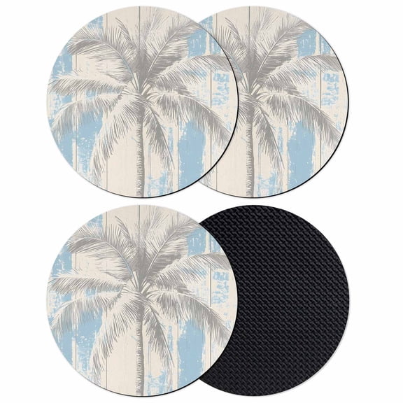 Palm Tree Coasters Set of 4, Blue Tropical Plant Summer Retro Wood Plank Absorbent Coasters for Drinks, Coaster for Bar Office Dining Coffee Table Accessories Decor, Non Slip Round Desk Coaster