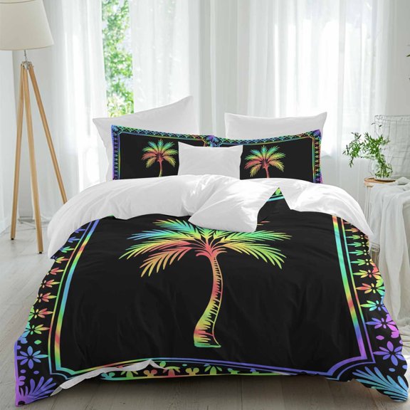 Palm Tree Comforter Set Full Size, Coastal Tropical Rainbow Palm Tree Rainbow Border Soft Bedding Set for Man Woman, 4 Pieces Duvet Cover Set with Fitted Sheet, 2 Pillowcases