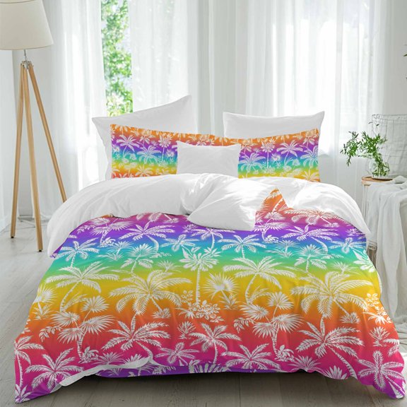 Palm Tree Comforter Set Twin Size, Tropical Banana Leaf Red Yellow Blue Rainbow Background Soft Bedding Set for Man Woman, 4 Pieces Duvet Cover Set with Fitted Sheet, 2 Pillowcases